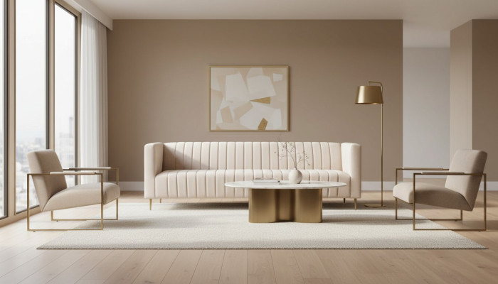 Beige three-seater sofa fabric upholstery living room design couches sofas new modern