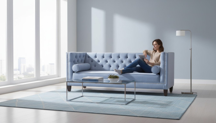 Light blue three-seater fabric living room design couches sofa sofas chesterfield new
