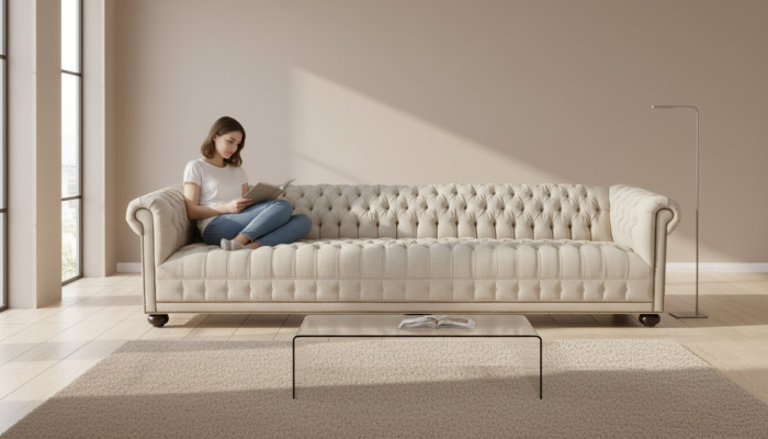 Chesterfield cream living room four-seater design couch sofa furniture fabric sofas
