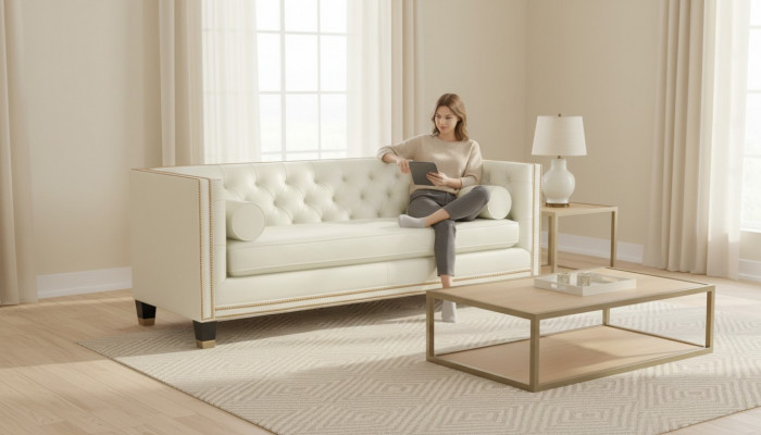 Beige Chesterfield Sofa Furniture Leather Living Room Modern Design Couches Sofas New