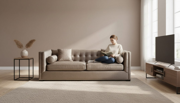 Brown three-seater fabric living room upholstered sofa sofas Chesterfield design couches