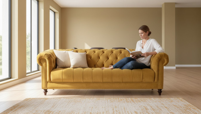 Yellow three-seater fabric living room design couches upholstered sofa sofas chesterfield