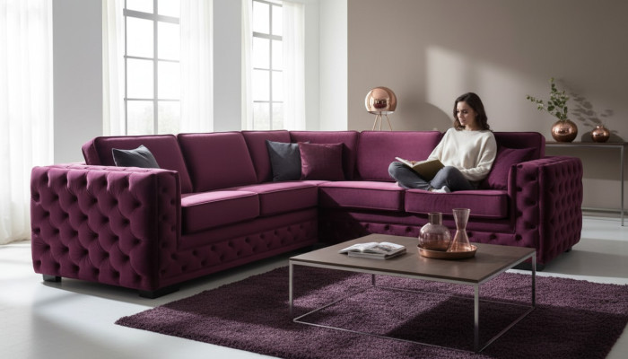 Burgundy Corner Sofa Chesterfield Velvet Fabric Furniture New Living Room Modern Design Sofa