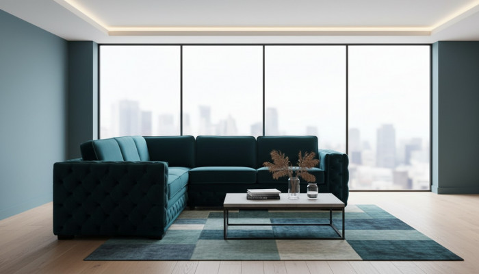 Green corner sofa living area couch corner suite upholstered furniture design Chesterfield