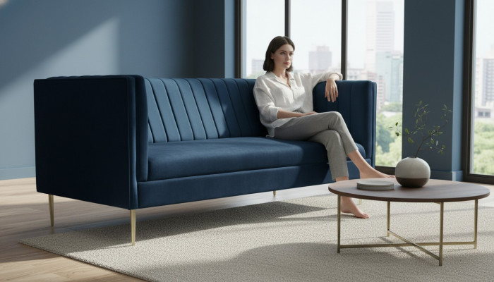 Two-seater sofa, sofas, fabric, navy blue, textile, living room, design, couches, upholstery