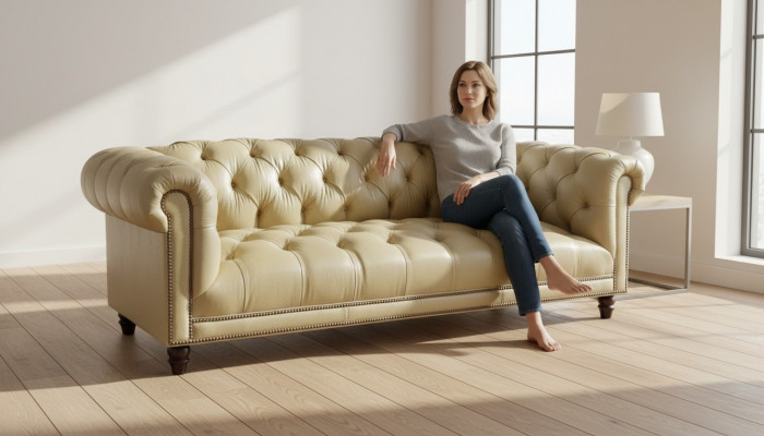 Beige three-seater leather Chesterfield living room modern design couches sofa new