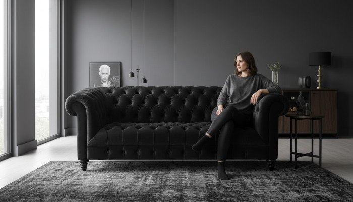Black velvet couch luxurious upholstery Chesterfield furniture sofa with buttons three-seater