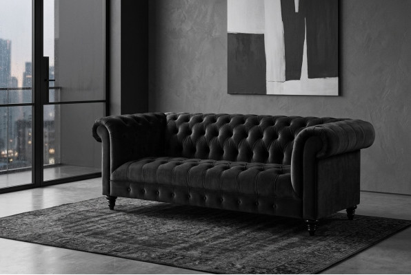 Black velvet couch luxurious upholstery Chesterfield furniture sofa with buttons three-seater