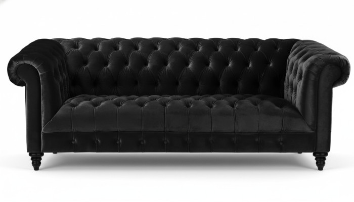 Black velvet couch luxurious upholstery Chesterfield furniture sofa with buttons three-seater