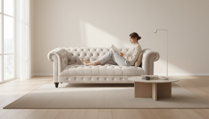 Chesterfield Beige Velvet Couch Luxury Upholstered Furniture Sofa with Buttons Three-Seater