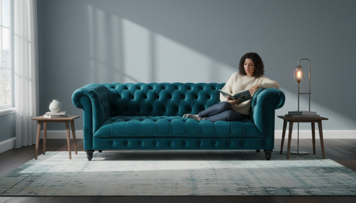 Chesterfield Turkish Velvet Couch Luxury Upholstered Furniture Sofa with Buttons Three-Seater