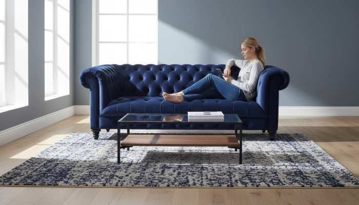Navy blue three-seater fabric Chesterfield design couch upholstered sofa 220cm new