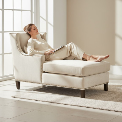 Chaise longue lounging furniture ottoman living room design sofa beige fabric lounge