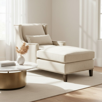 Chaise longue lounging furniture ottoman living room design sofa beige fabric lounge