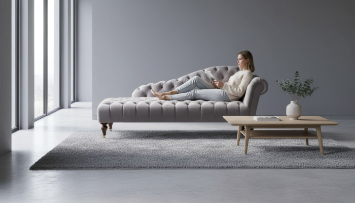 Chaise longue classic furniture beige living room sofa fabric Chesterfield