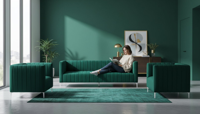 Three-seater sofa set fabric living room velvet design green sofa 2 armchairs group