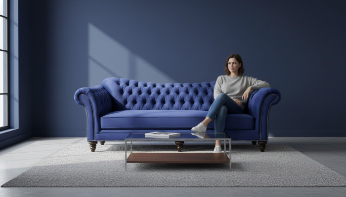 Blue Chesterfield Living Room Modern Design Couches Sofa Designer Furniture Fabric