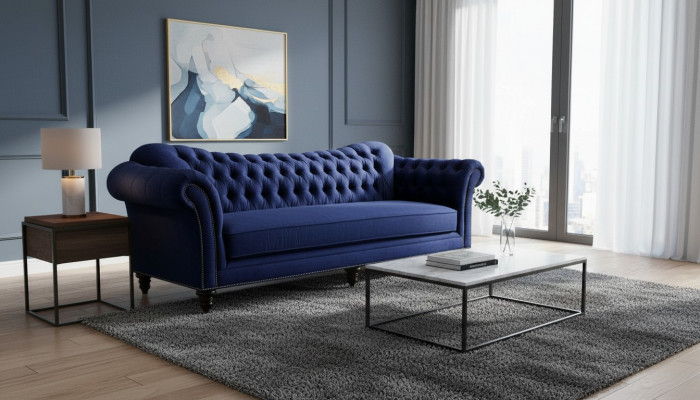 Blue Chesterfield Living Room Modern Design Couches Sofa Designer Furniture Fabric