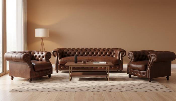 Chesterfield Brown Corner Sofa Couch Upholstery Corner Suite Living Room