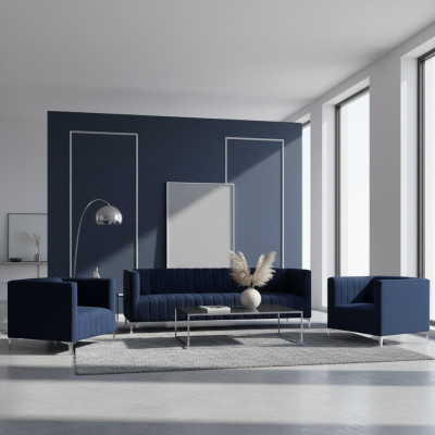 Navy blue sofa set three-seater fabric new creative design sofa 2 armchairs modern