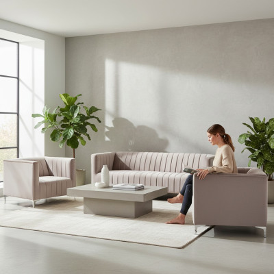 Beige sofa set Chesterfield furniture modern design textile living room couches