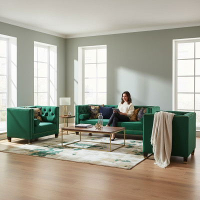 Green Chesterfield Couch Velvet Sofa Sofa Set Couches Sofas Upholstery 311-Seater