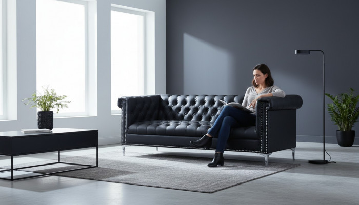 Black Three-Seater Chesterfield Modern Design Couch Leather Sofa Designer Furniture