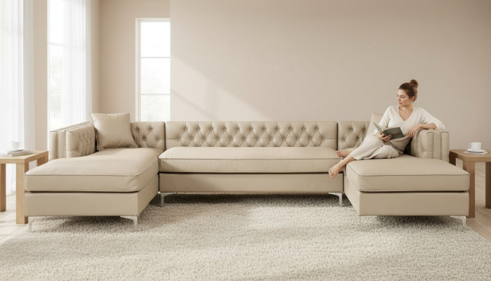 Beige sectional sofa living area couch corner suite upholstery Chesterfield furniture design.