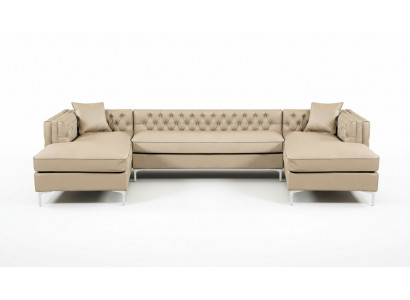 Beige sectional sofa living area couch corner suite upholstery Chesterfield furniture design.