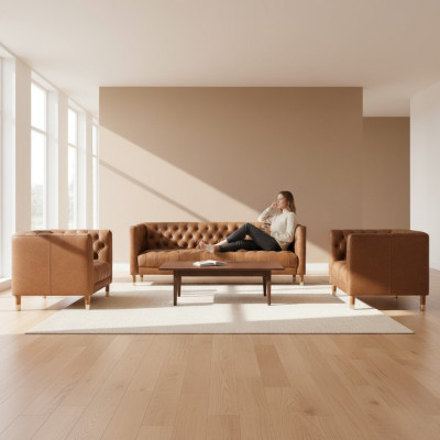 Brown velvet Chesterfield 2 armchairs leather modern design furniture sofa set sofas new