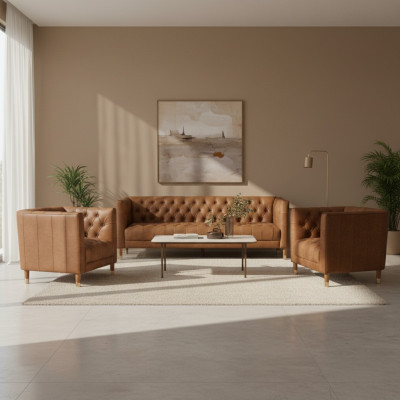 Brown velvet Chesterfield 2 armchairs leather modern design furniture sofa set sofas new