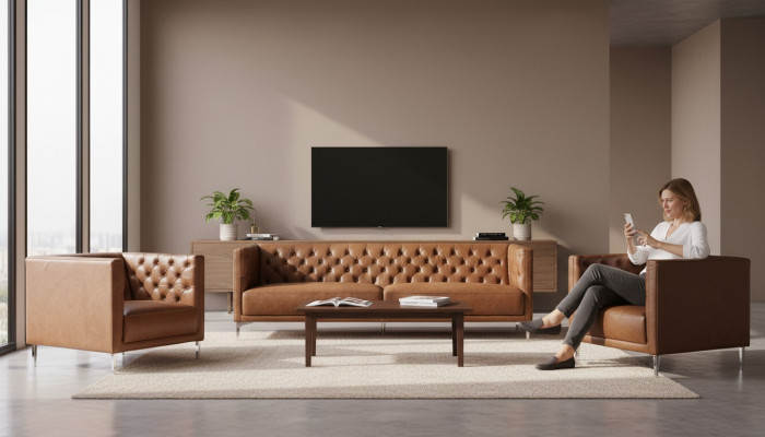 Brown Chesterfield 2 Armchairs Leather Modern Design Sofa New Creative Furniture Sofa Set