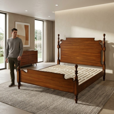 Nostalgia bed made of solid wood with artfully turned elements