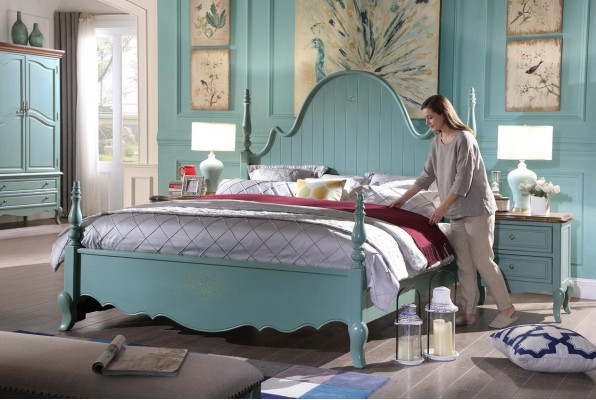 Country house bedroom blue bed wood classic furniture beds 180x200cm set new