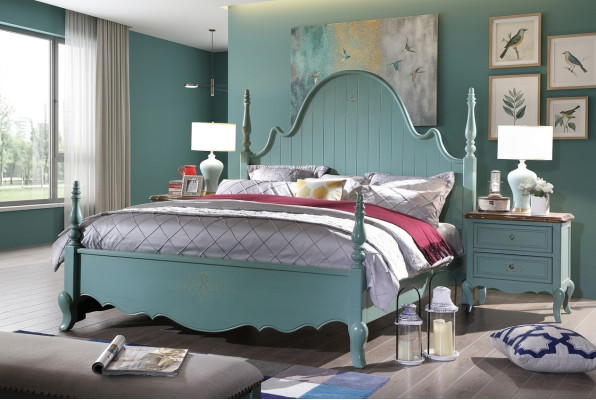 Country house bedroom blue bed wood classic furniture beds 180x200cm set new