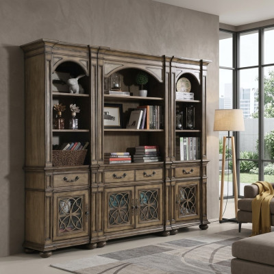 Details on design wall shelf, bookshelf, living room wall unit.