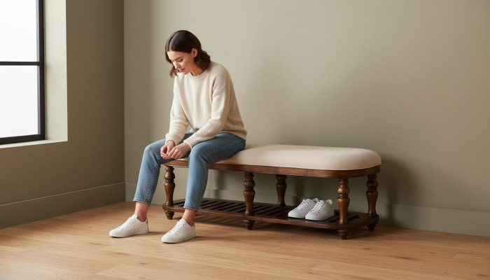 Stool Upholstered Stool Foot Furniture Living Seating Benches Seat Leather Beige Design Textile