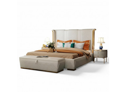 Double Bed Classic Bed Designer Upholstered Beds Frame Textile Leather White