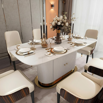 Marble Designer Dining Table + 6 Chairs Set Suite Room Group 7 pcs. Tables