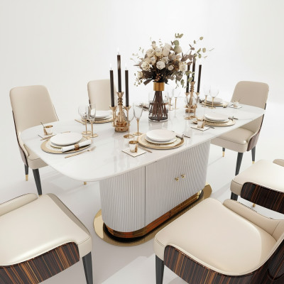 Marble Designer Dining Table + 6 Chairs Set Suite Room Group 7 pcs. Tables