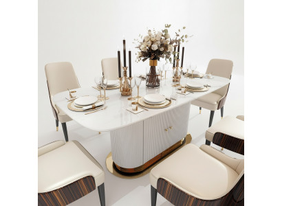 Marble Designer Dining Table + 6 Chairs Set Suite Room Group 7 pcs. Tables