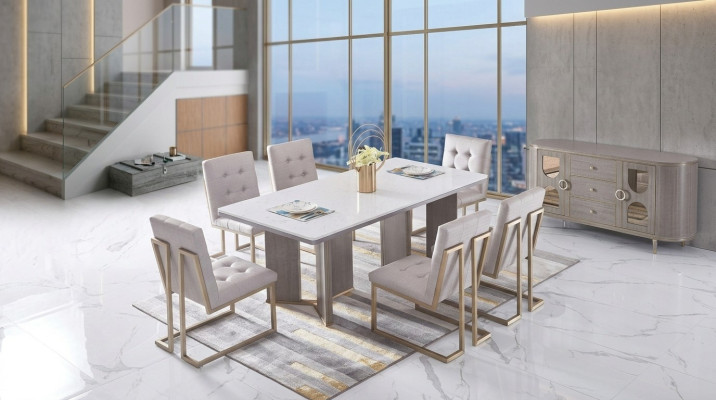 Designer dining room chair set metal textile armchair 6x lounge chairs
