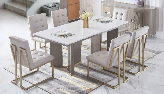 Designer dining room chair set metal textile armchair 6x lounge chairs