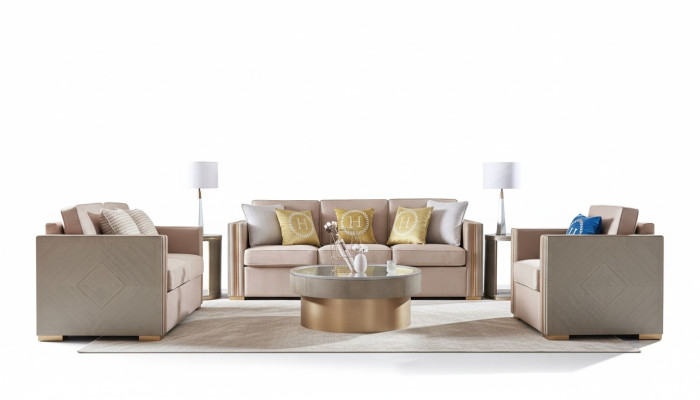 Designer couch seat upholstery 3+1 seater beige stainless steel set sofa velvet new