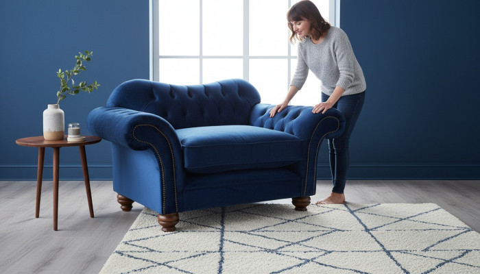 Wing chair armchair television design upholstered sofa couch Chesterfield fabric blue