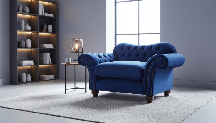 Wing chair armchair television design upholstered sofa couch Chesterfield fabric blue