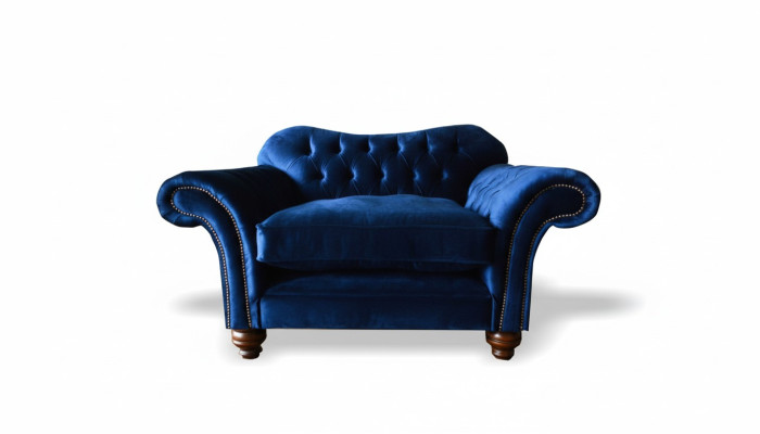 Wing chair armchair television design upholstered sofa couch Chesterfield fabric blue