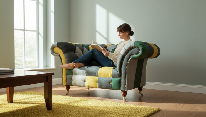 Chesterfield armchair, TV couch, 1.5-seater sofa, textile fabric couches, upholstery