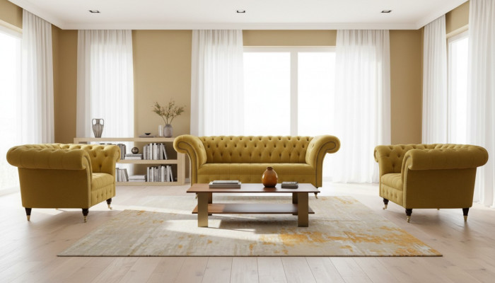Chesterfield Design Luxury Upholstered Sofa Couch 2-Seater Suite Fabric Yellow New