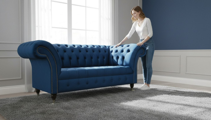 Design Chesterfield sofa set 2-seater couch fabric blue upholstered sofas blue